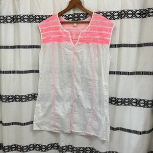 J. Crew Embroidered Tunic Top Women's Medium White Pink Sleeveless Cotton